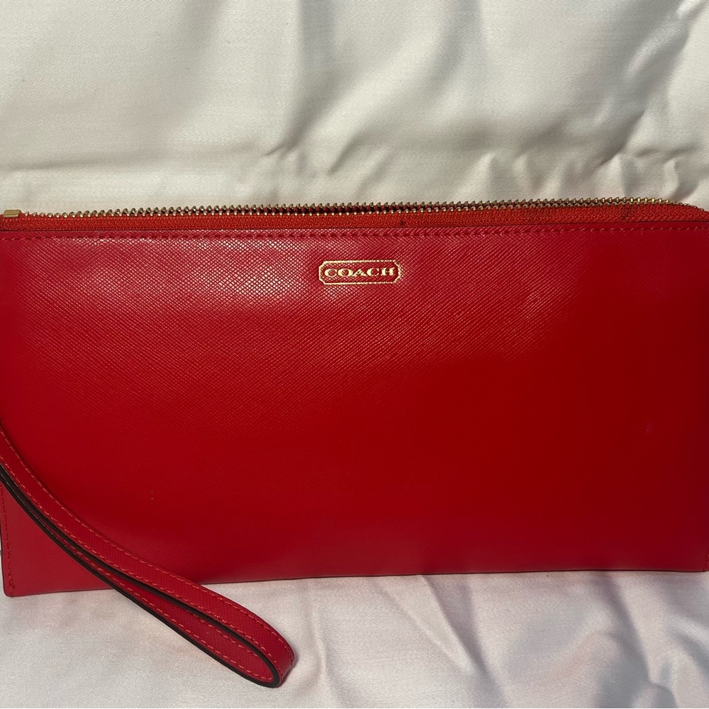 Coach Vibrant Red Wristlet with Gold Accent